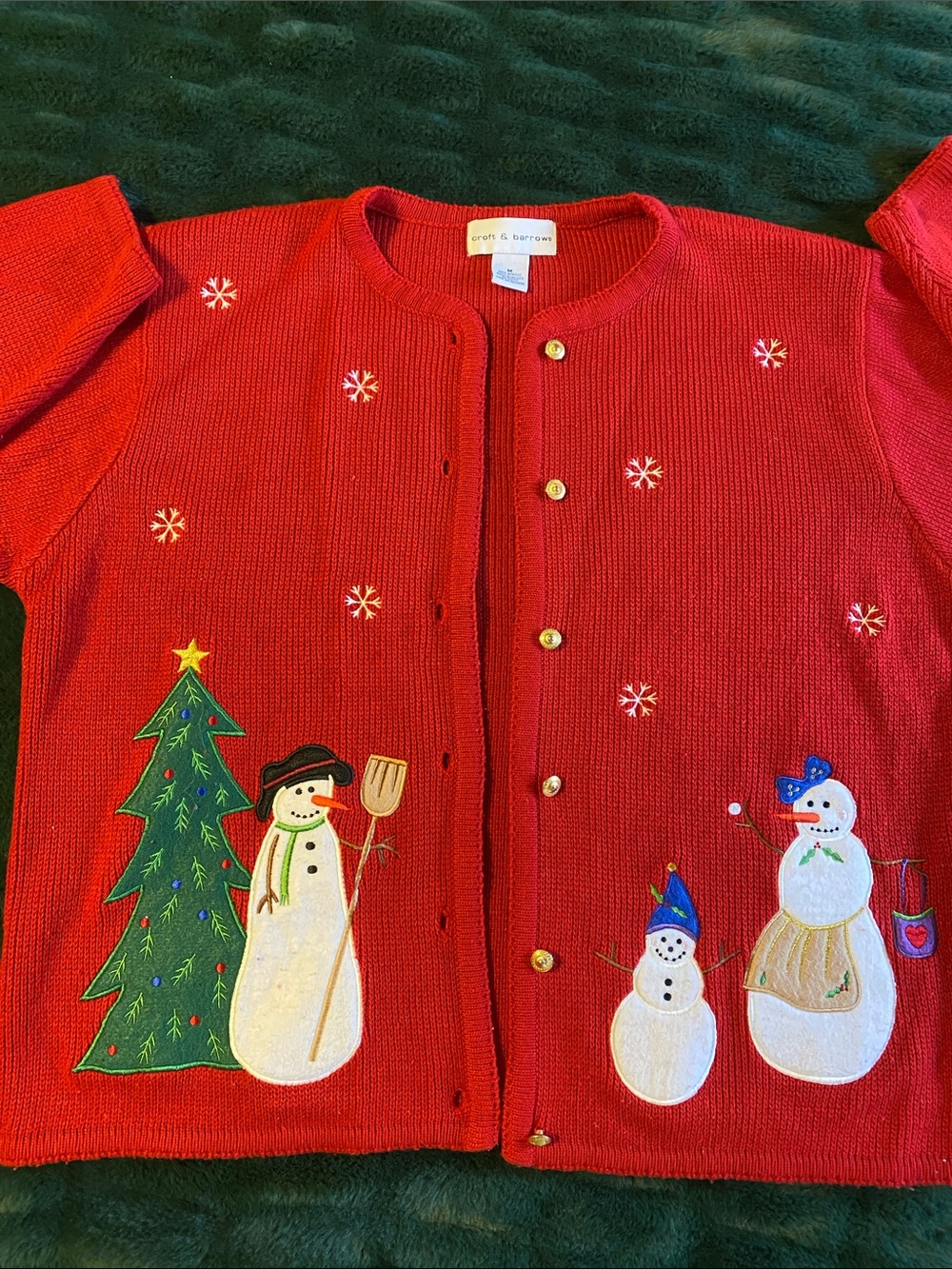 croft & barrow Red Snowman and Tree Holiday Cardigan